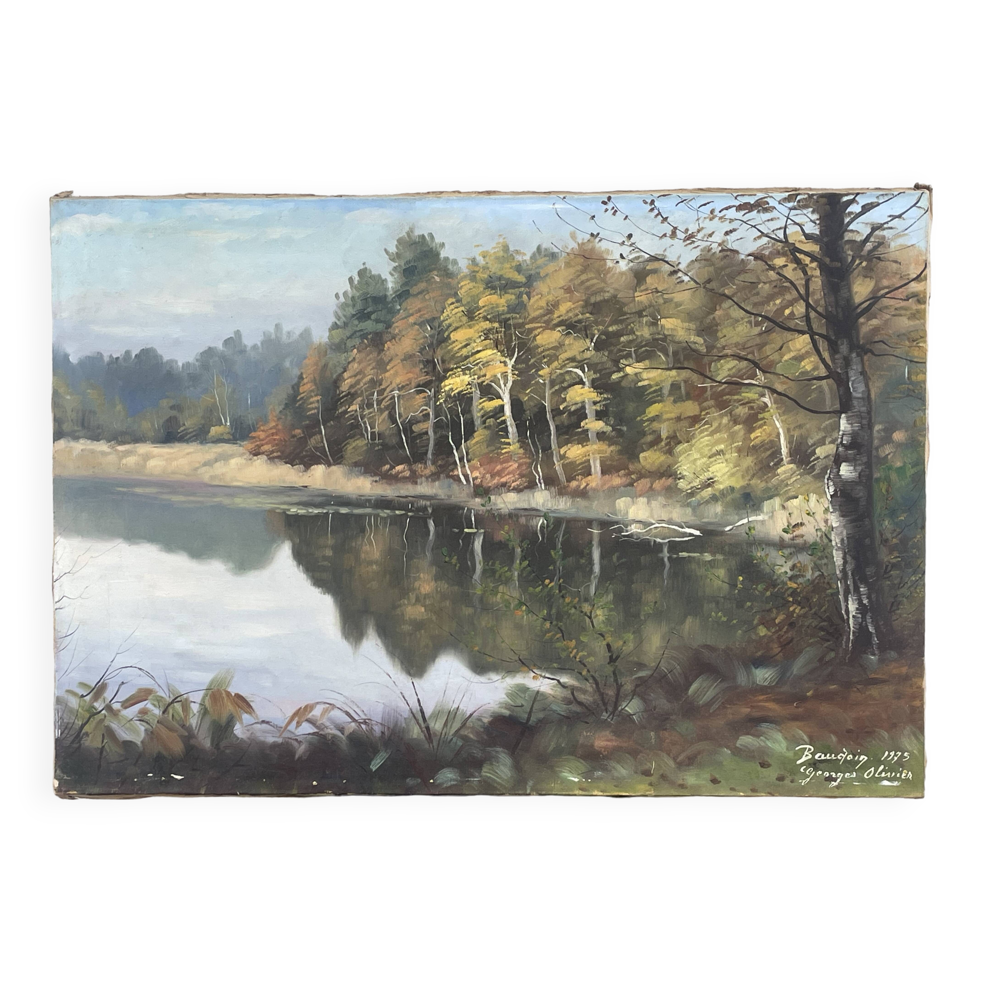 Oil on canvas lake landscape signed go baudoin xxth - 1975