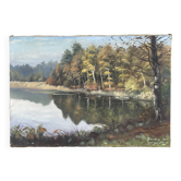 Huile sur toile  paysage lacustre signé g. o. baudoin xx ème - 1975