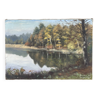Oil on canvas lake landscape signed go baudoin xxth - 1975