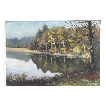 Oil on canvas lake landscape signed go baudoin xxth - 1975