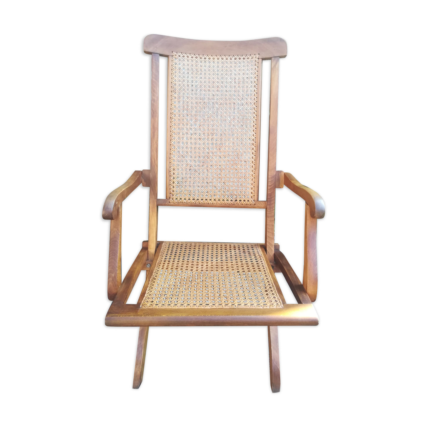 Folding beech cane armchair