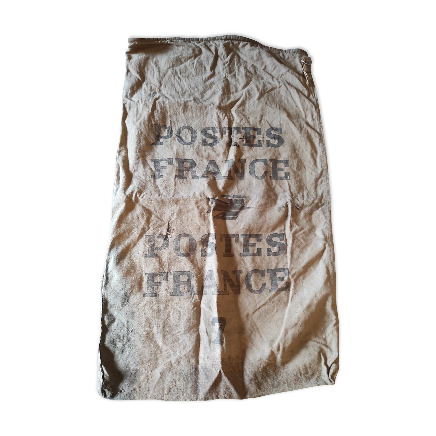 Vintage postal bag trade object of La Poste in mixed-race canvas burlap