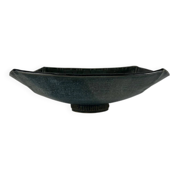 Coupe en céramique émaillée bleu/vert foncé par Pierre Baey, 1960