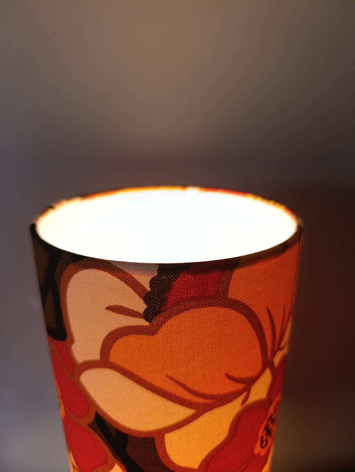 vintage turned wood lamp, floral lampshade in seventies style