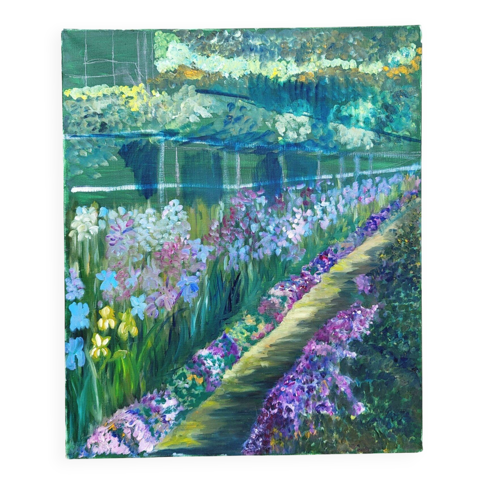 Huile sur toile impressionniste – "Le Jardin aux Iris"