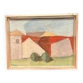 Original Vintage Swedish Oil on Panel – “Buildings” Attributed to Gustaf Råberg – Vintage & Framed