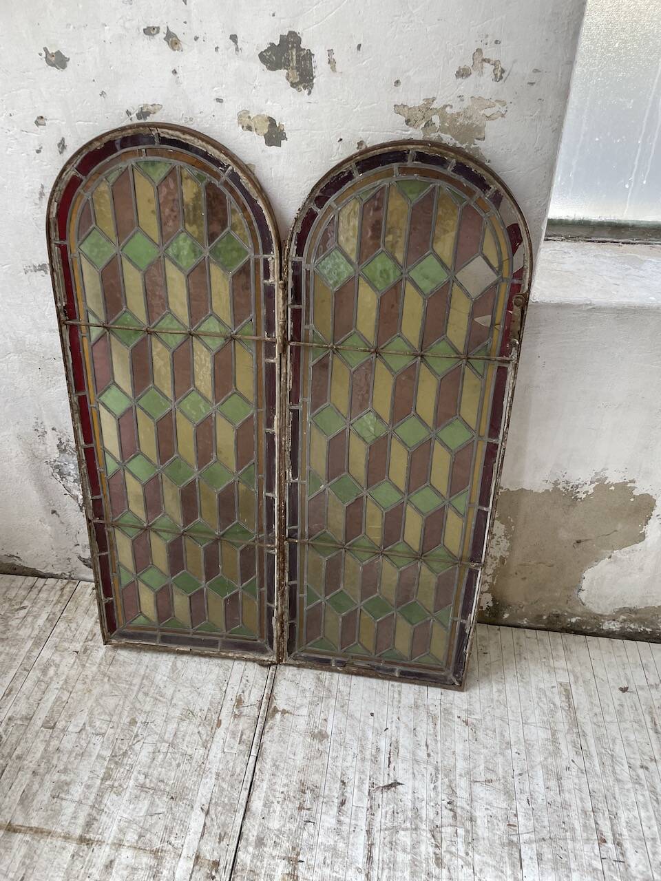 Old stained glass window in metal and glass 1900