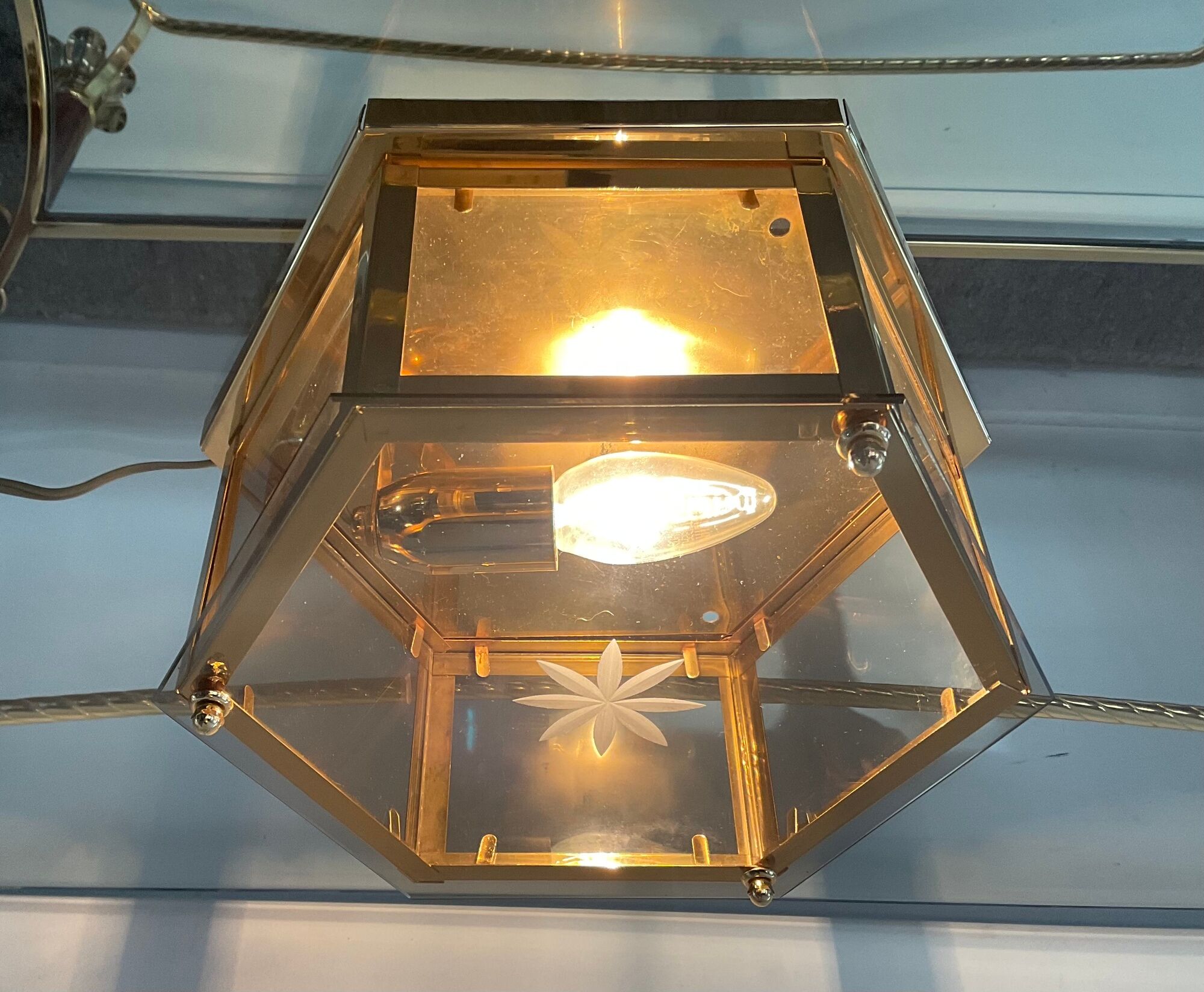 Vintage ceiling lamp in brass and smoked glass