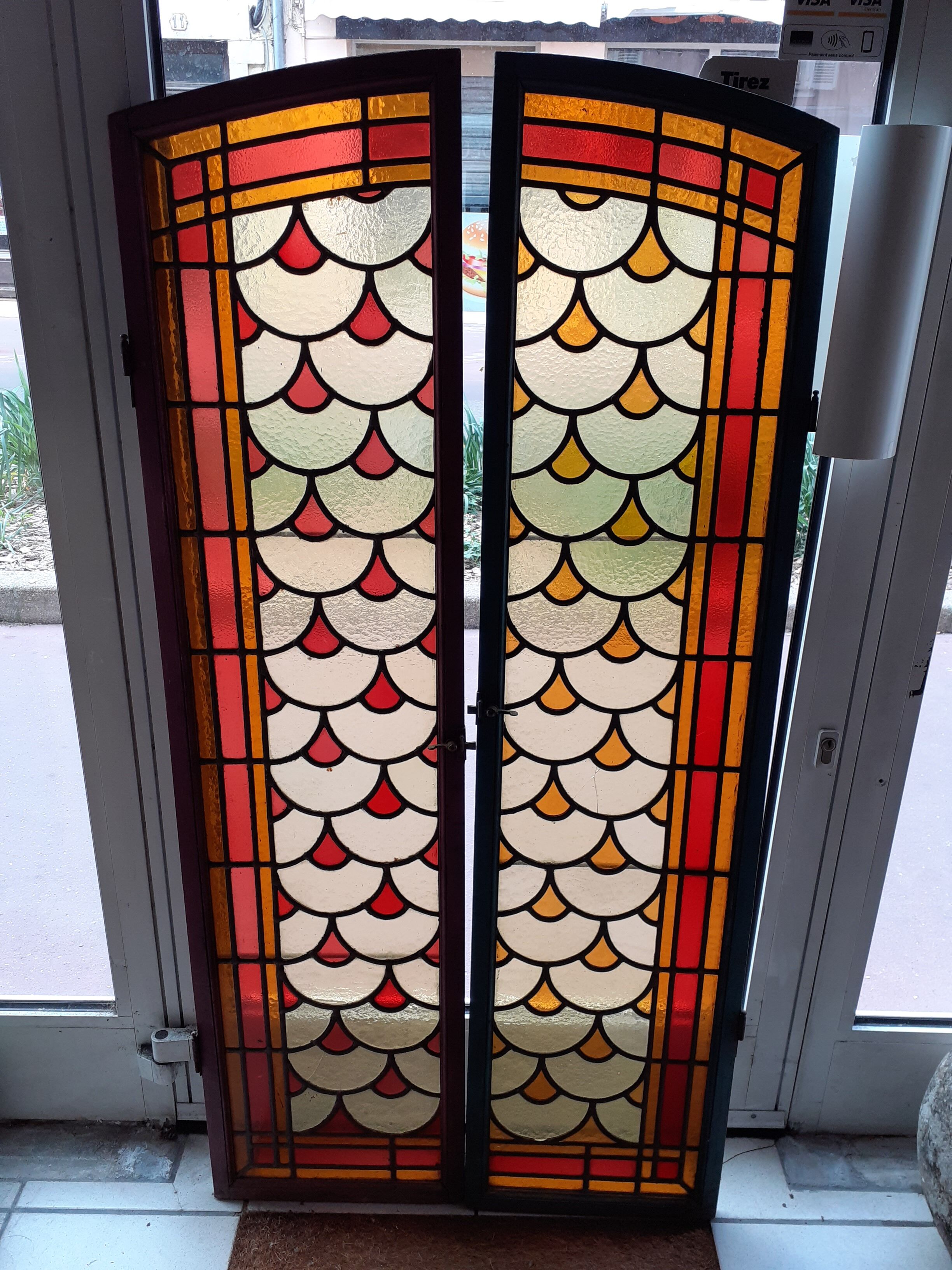 2 painted oak doors, stained glass interior