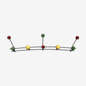 Patères vintage porte manteau mural 8 boules colorées années 1950 bois et métal ancien