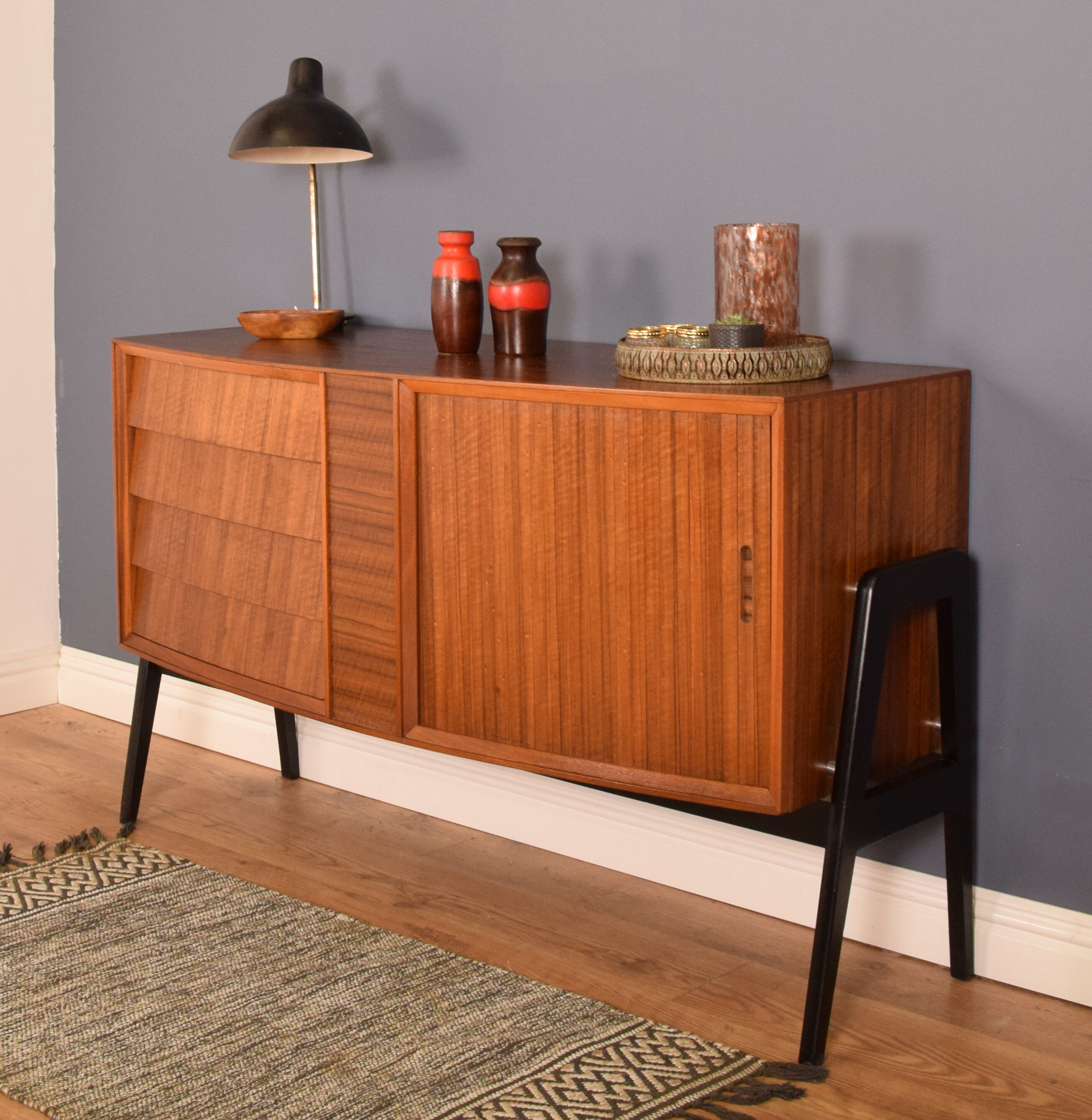 Restored Danish Style Walnut & Teak Sideboard With Tambour Doors