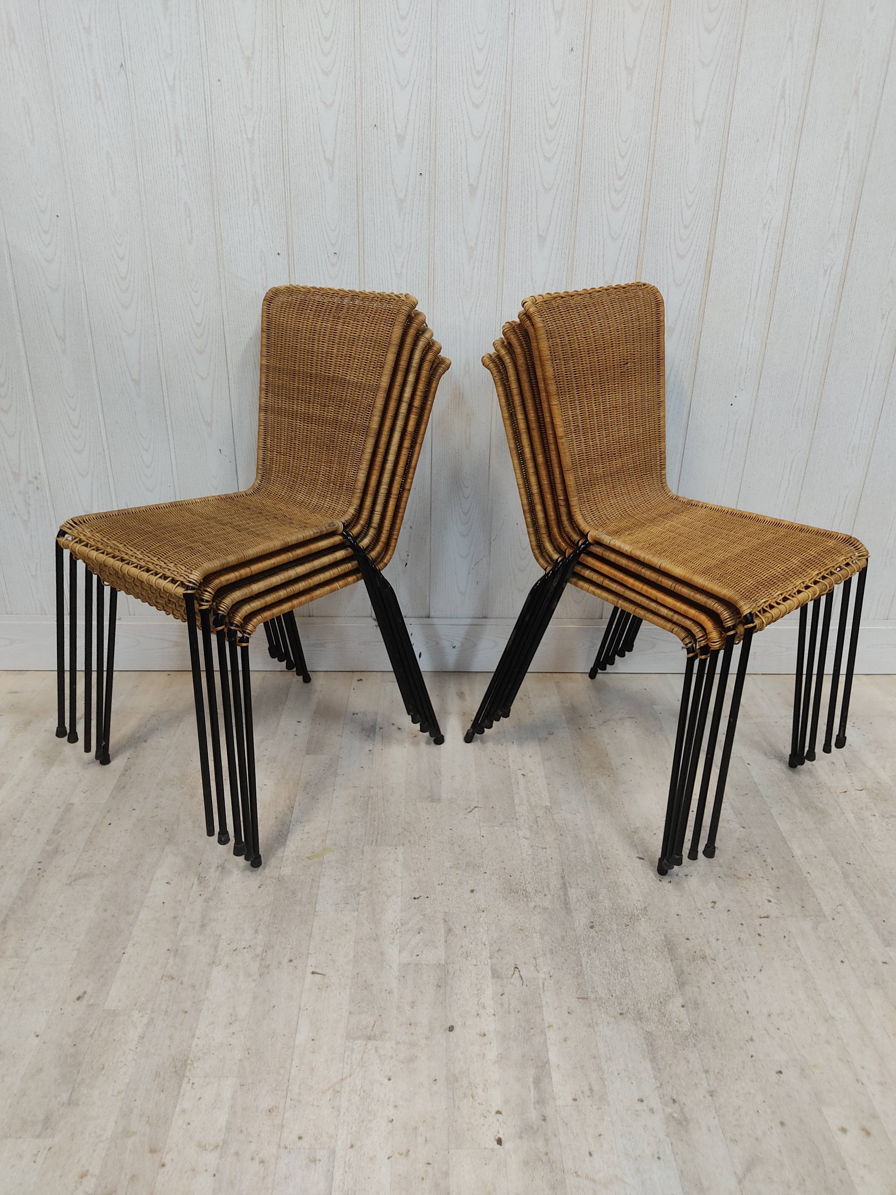 Lot de 10 chaises vintage osier et métal