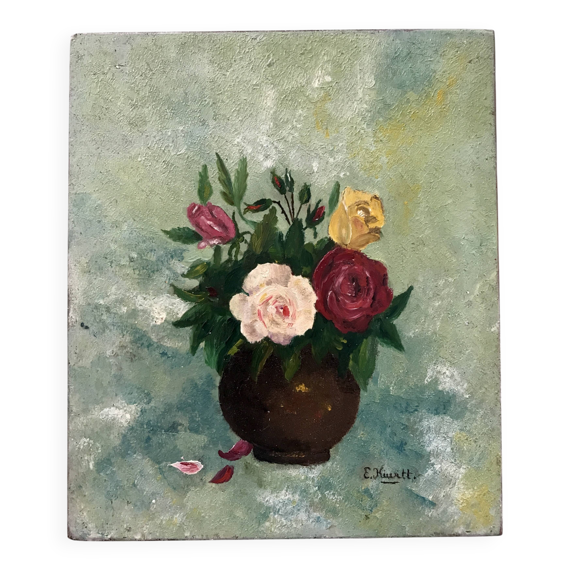 Small old still life painting of a bouquet of roses
