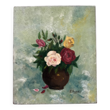 Small old still life painting of a bouquet of roses