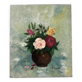 Petit tableau ancien nature morte bouquet de roses