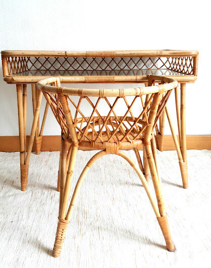 Rattan desk and chair with braces 1960