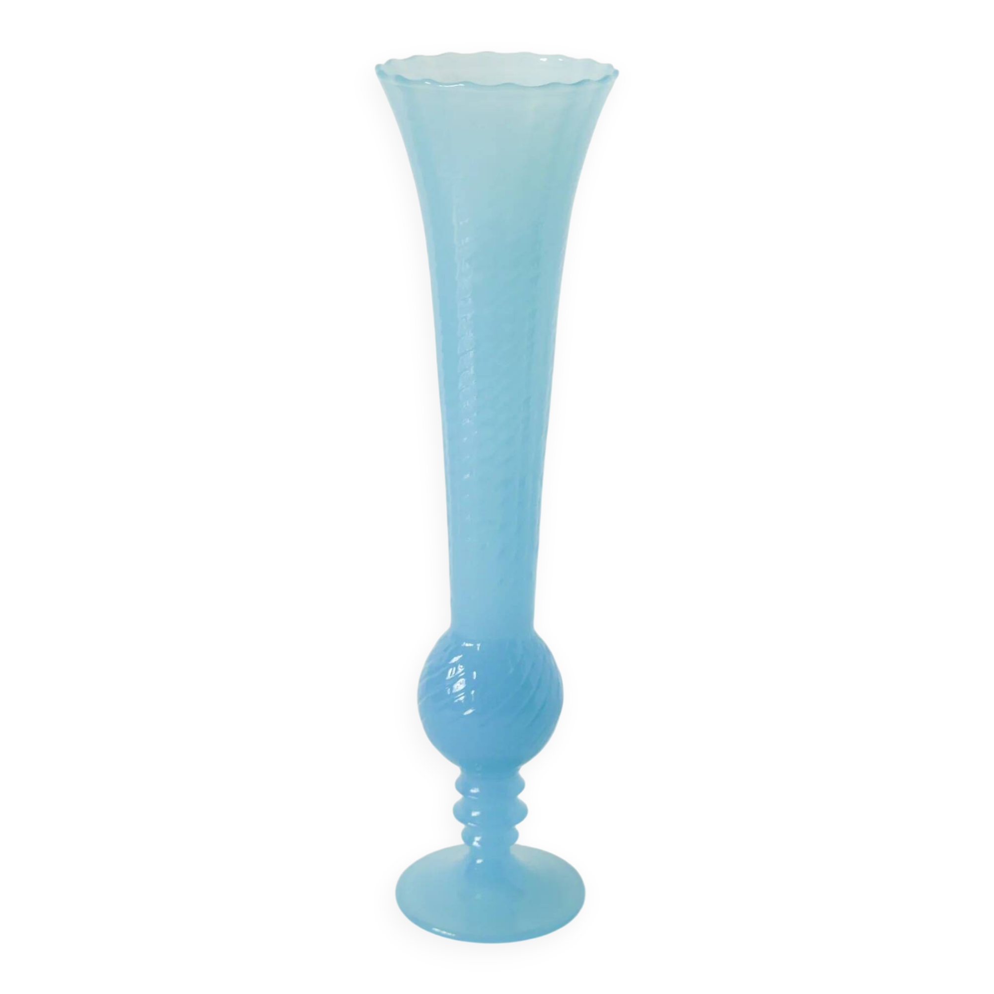 Opaline vase with a scalloped and textured neck, blue, 1960.