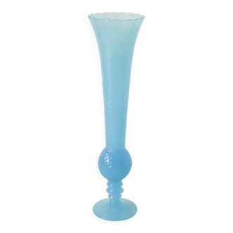 Opaline vase with a scalloped and textured neck, blue, 1960.