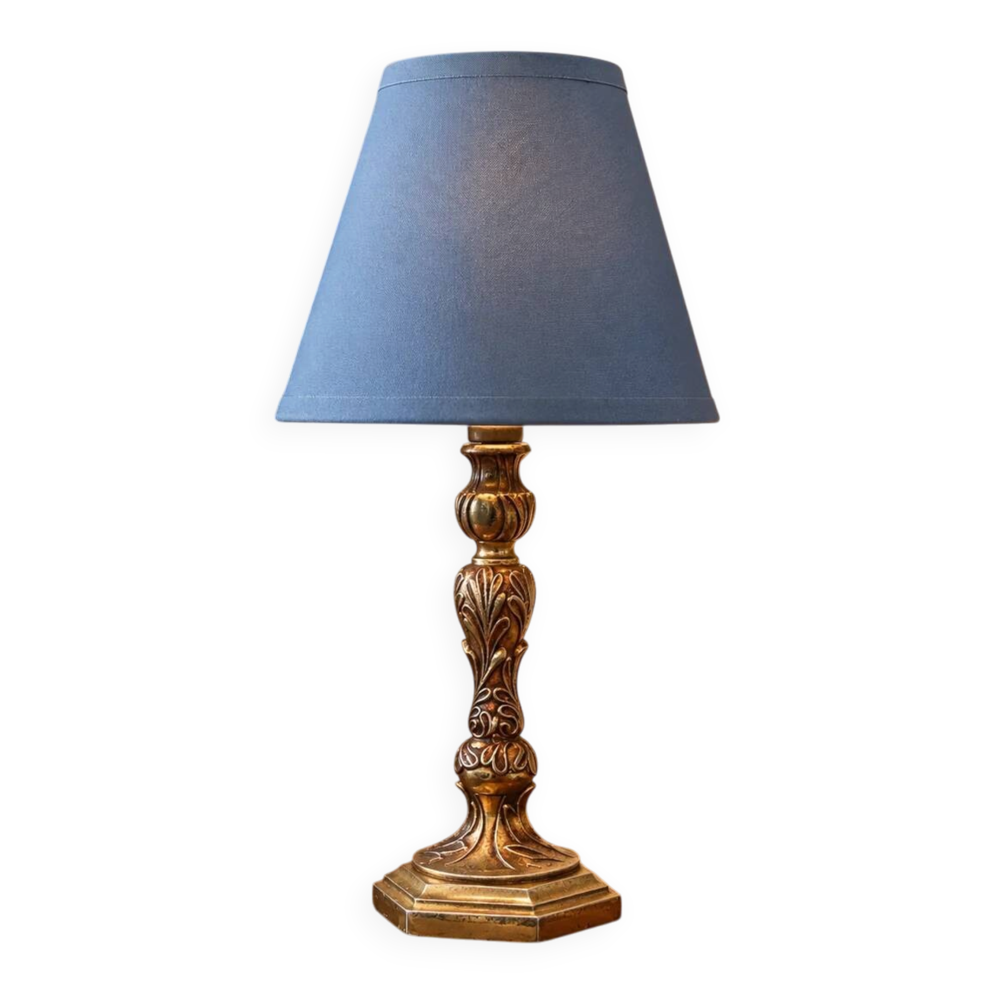 Vintage bedside lamp in gold metal – sculpted base and blue shade