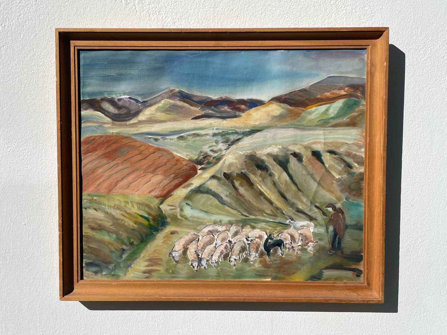 Old painting oil on canvas mountain and shepherd