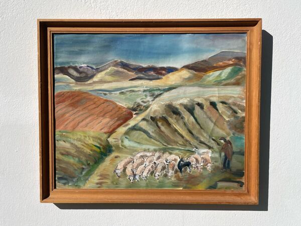 Tableau ancien huile sur toile montagne et berger