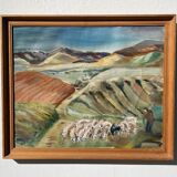 Old painting oil on canvas mountain and shepherd