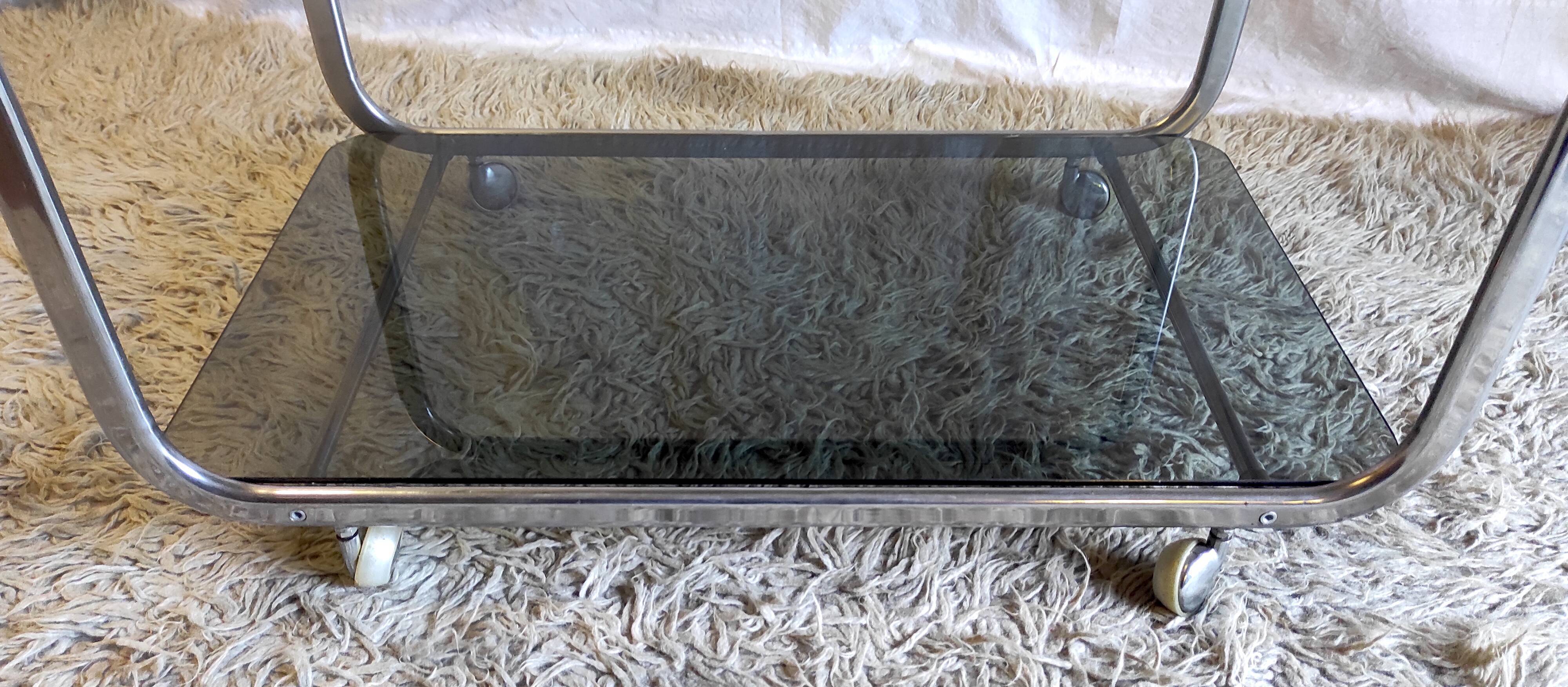 Side table in chromed metal and smoked glass, 60s-70s