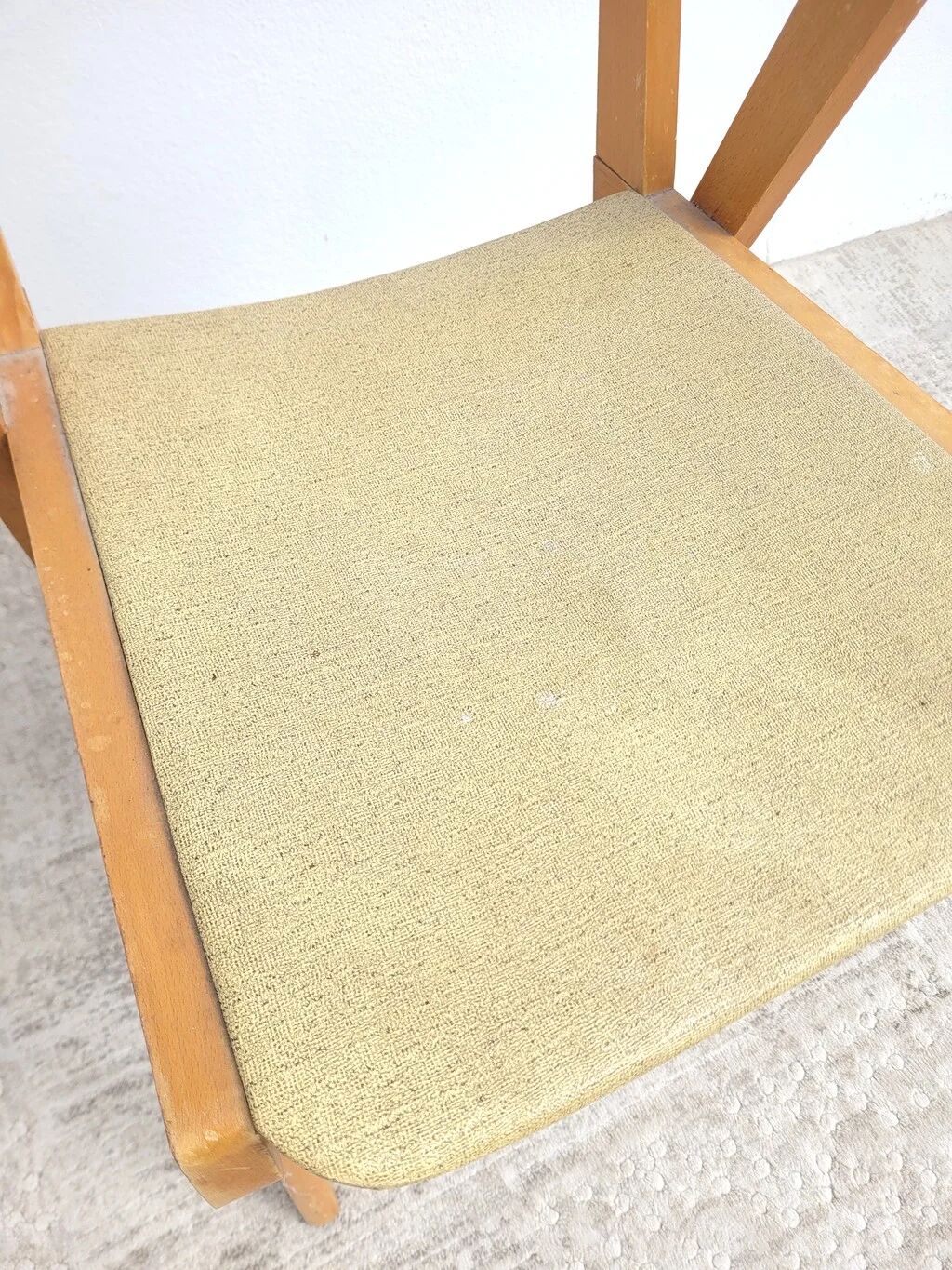 Vintage bridge armchair in beech and pale yellow faux leather from the 1960s.