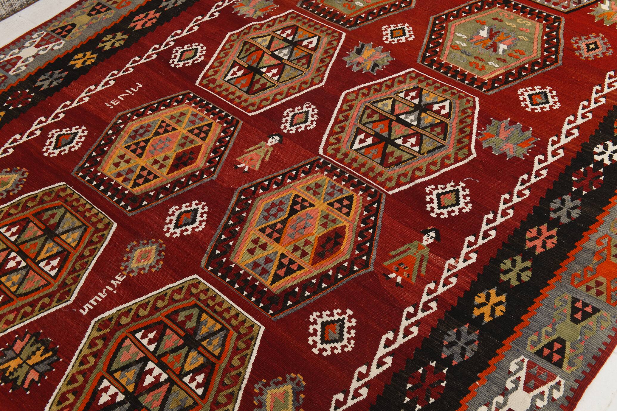 6x15 Wine Red & Green Vintage Kilim Rug, 198x468Cm