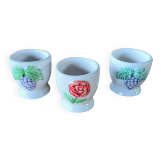 3 old Barbotine egg cups