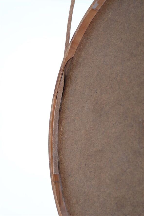 Rare round "#103" wall mirror / teak, leather, brass / by Glas Mäster, Markaryd, Sweden / 1960s / 1970s / Mid-Century Modern Design