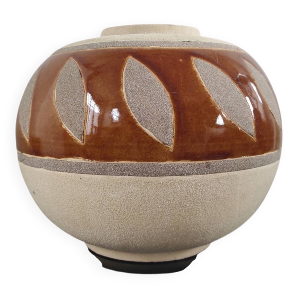 Vase boule vintage en grès artisanal – Design Brutaliste