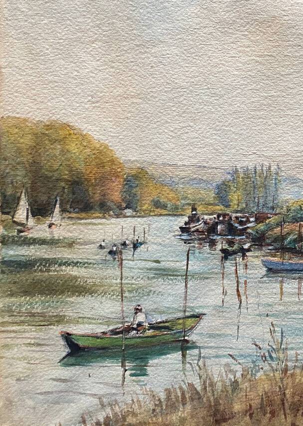 Large watercolor painting "Bords of the Yonne" with boats P. Guillon