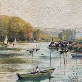 Tableau Aquarelle "Bords de l'Yonne" avec embarcations P. Guillon