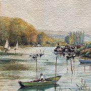 Large watercolor painting "Bords of the Yonne" with boats P. Guillon