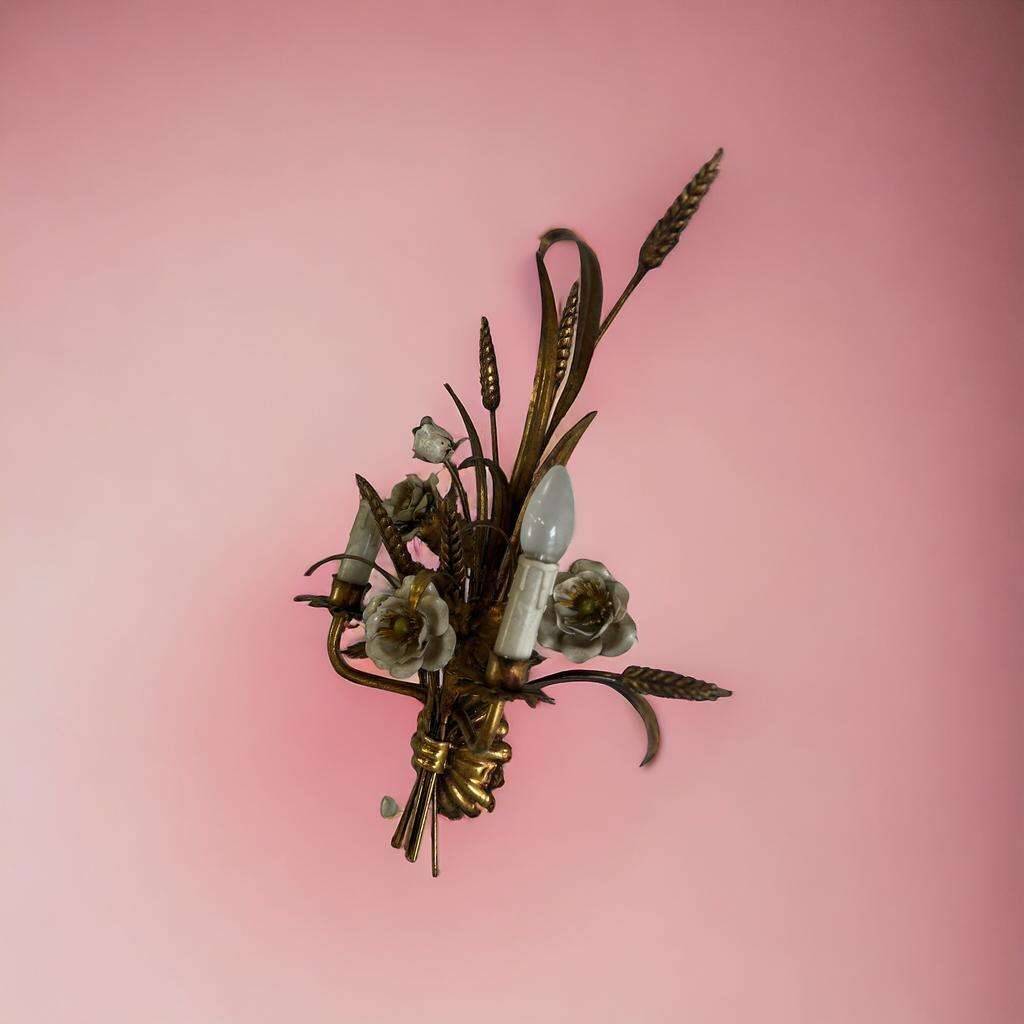 Vintage wheat 'golden' wall light with flowers: french style