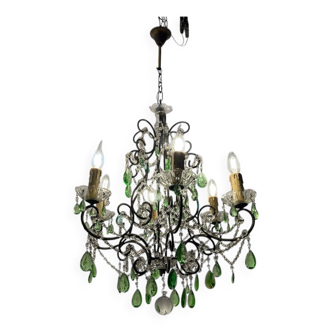 Lustre en cristal macaroni vert, années 1950