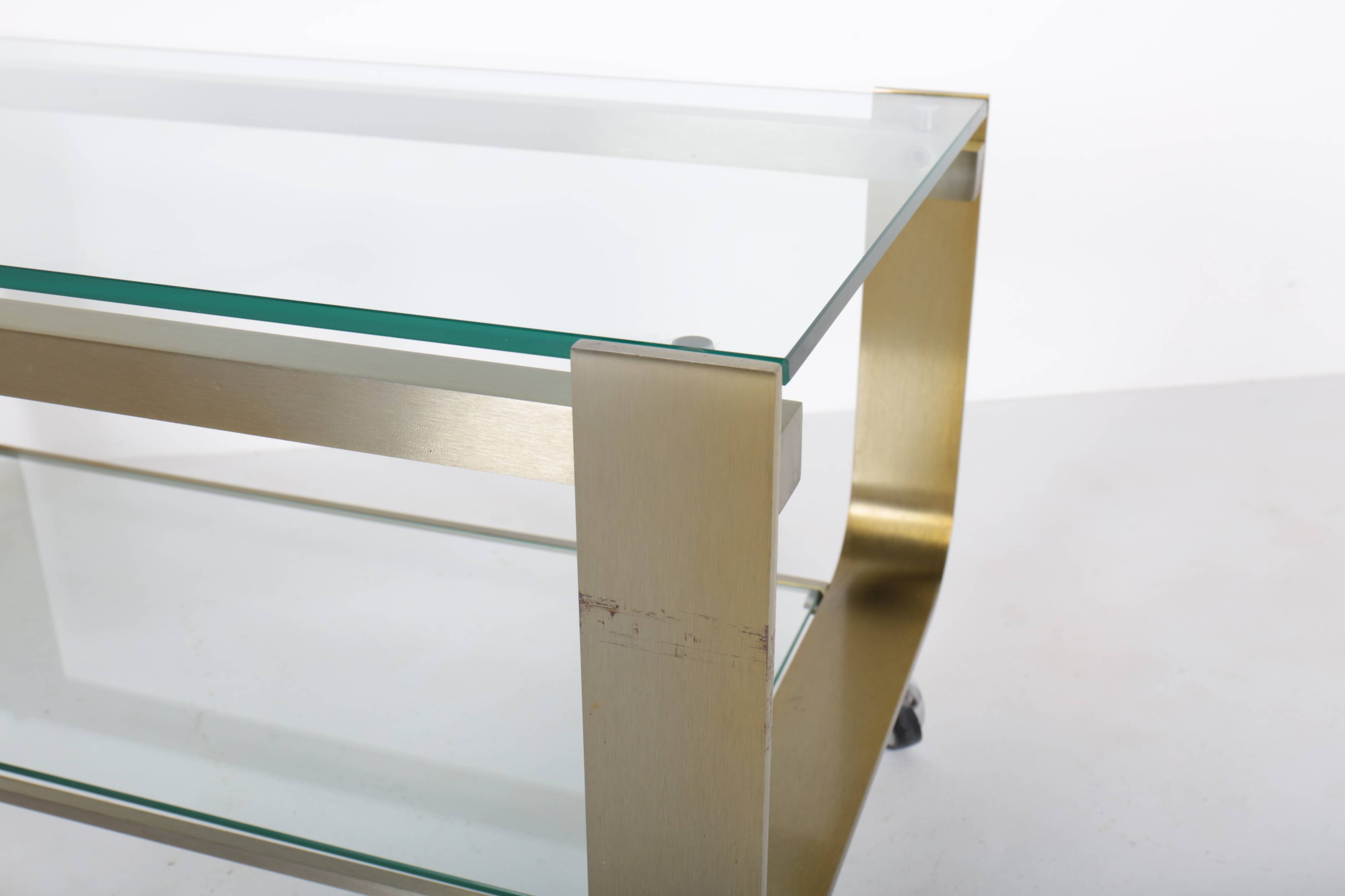 Vintage coffee table in gold metal and double glass top, 70s