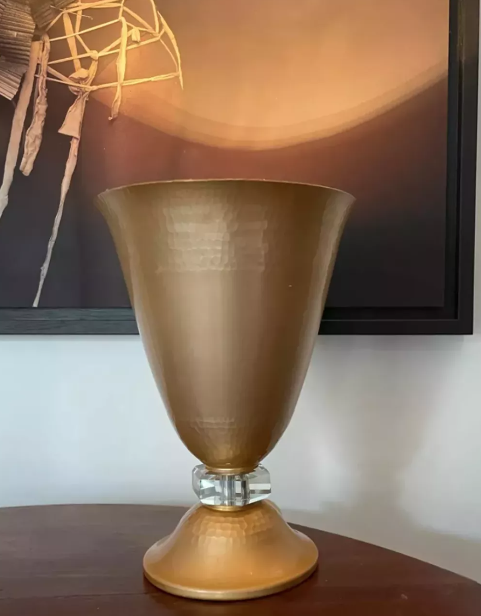 Art Deco table lamp hammered copper basin and crystal, france 1930 vintage
