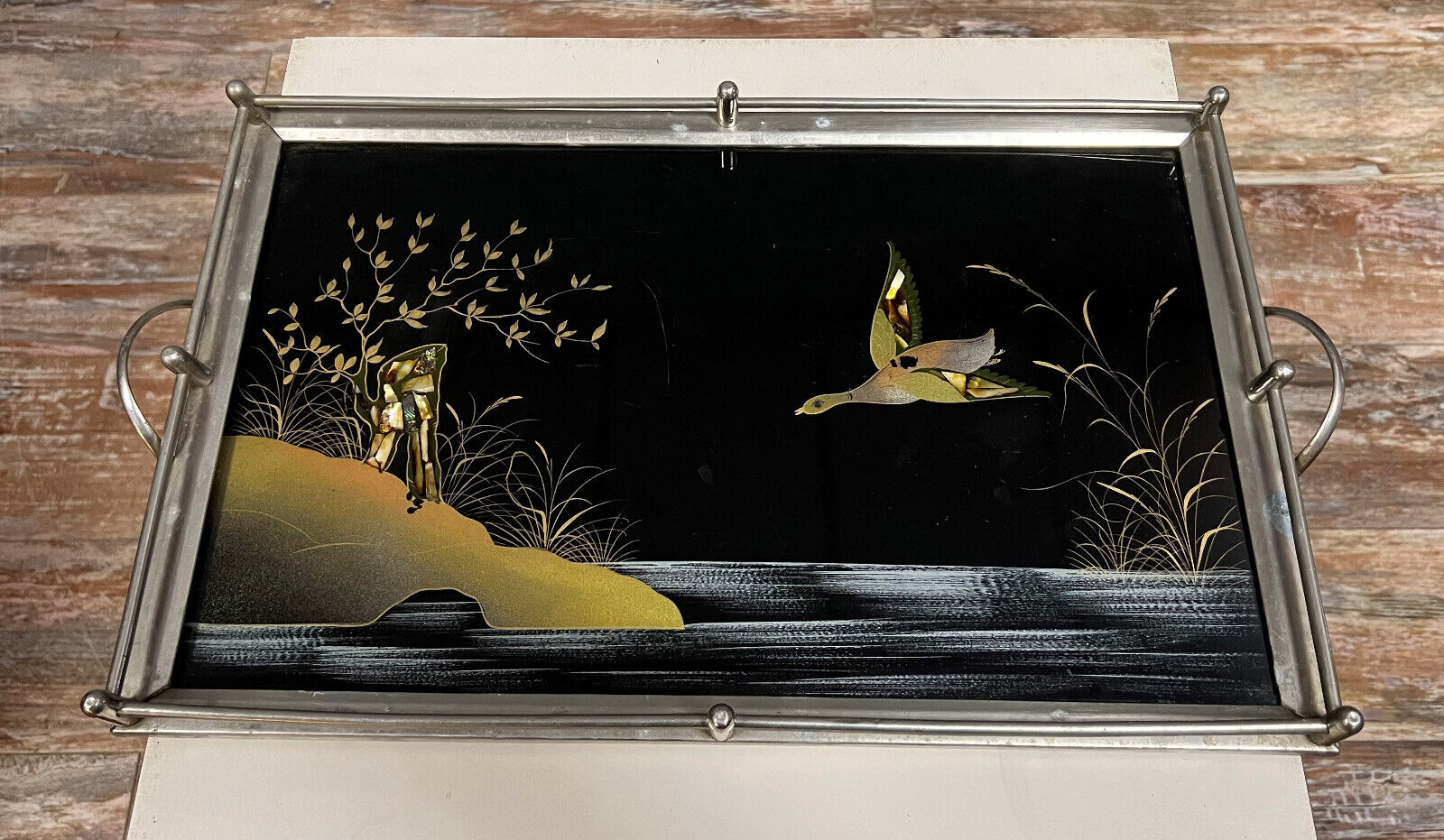 Art deco period serving tray with decoration fixed under glass