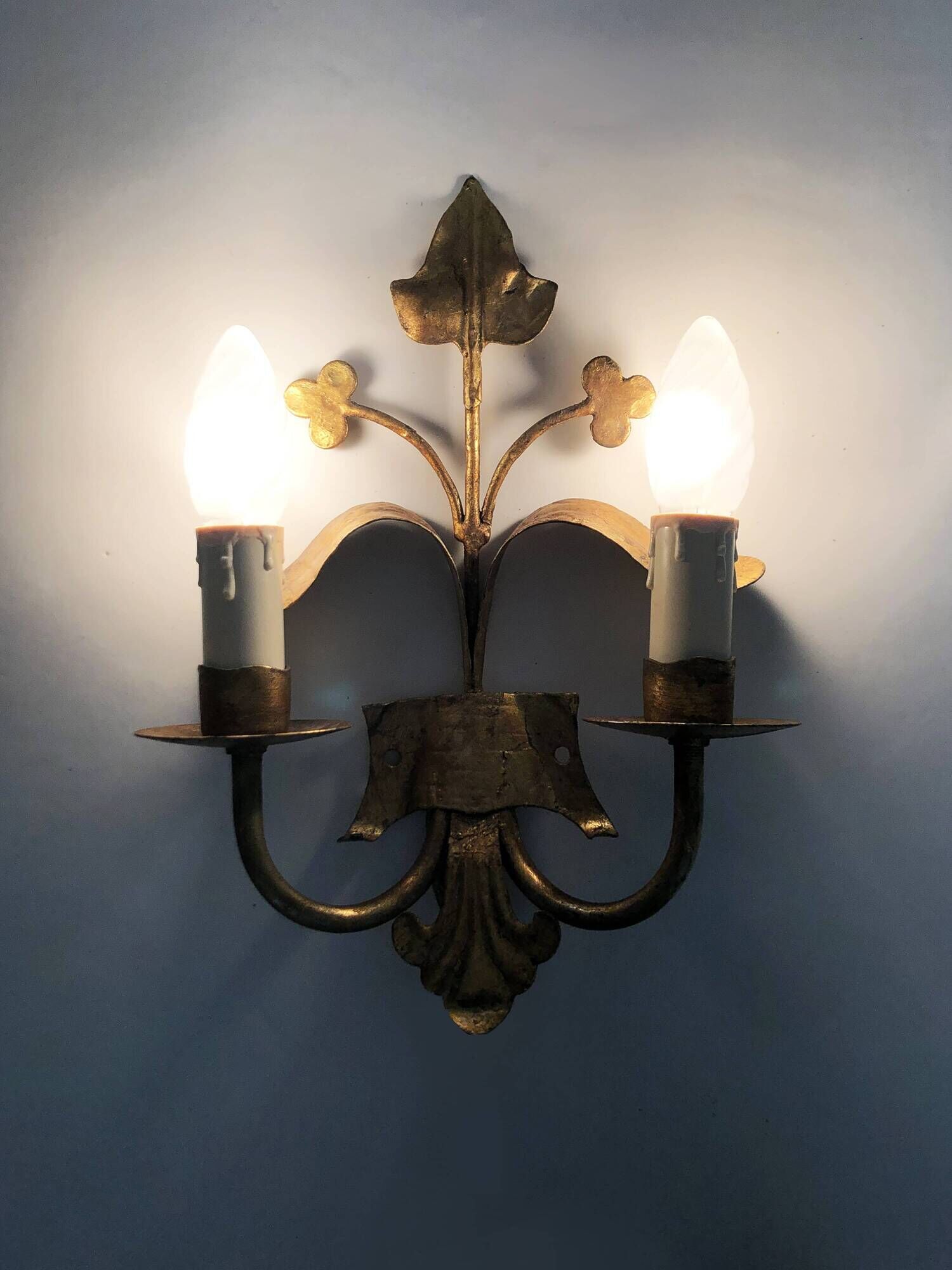 Pair of Italian wall lights with 2 gold leaf gilded arms. 70s 80s