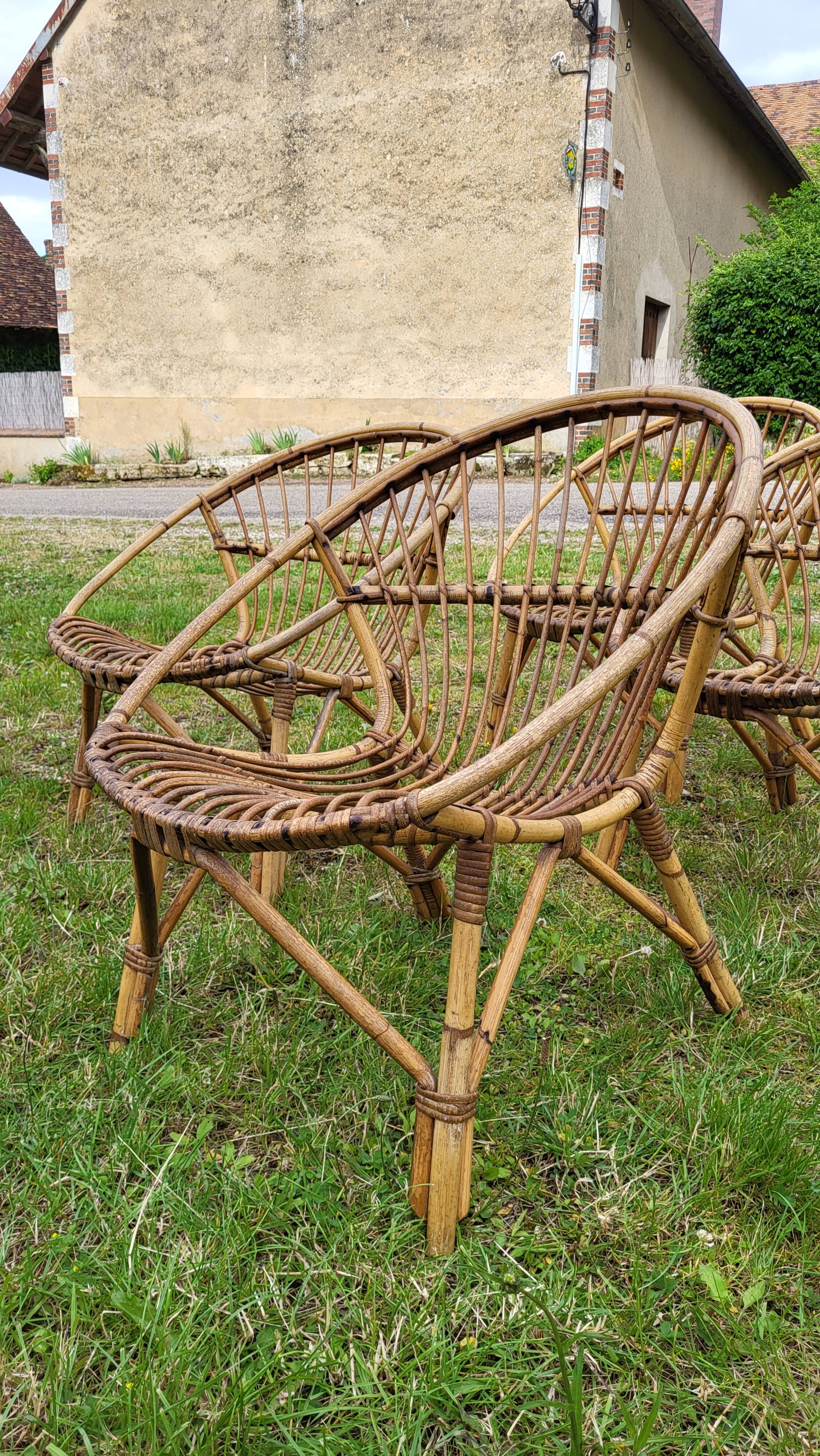 4 "shell" rattan armchairs 1960's