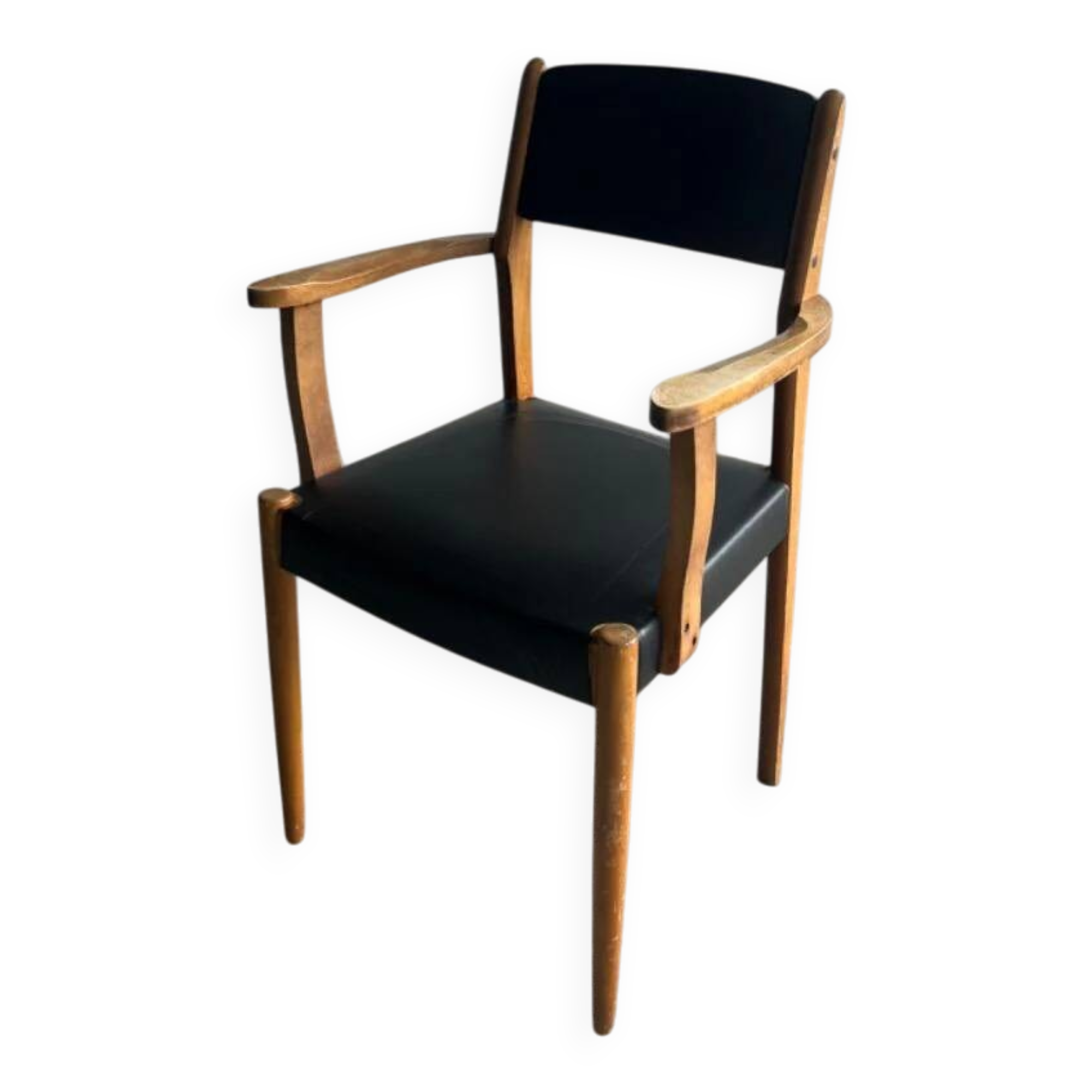 Set of 2 vintage beech wood armchairs with black skai upholstery — mid-century modern