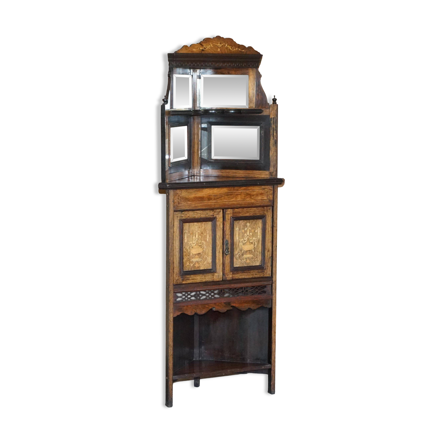 Buffet d'angle italien antique vers 1880 en bois dur avec incrustation de buis et miroir