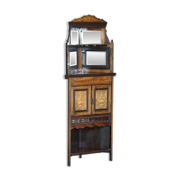 Antique Italian corner buffet from around 1880 in hardwood with boxwood inlay and mirror.