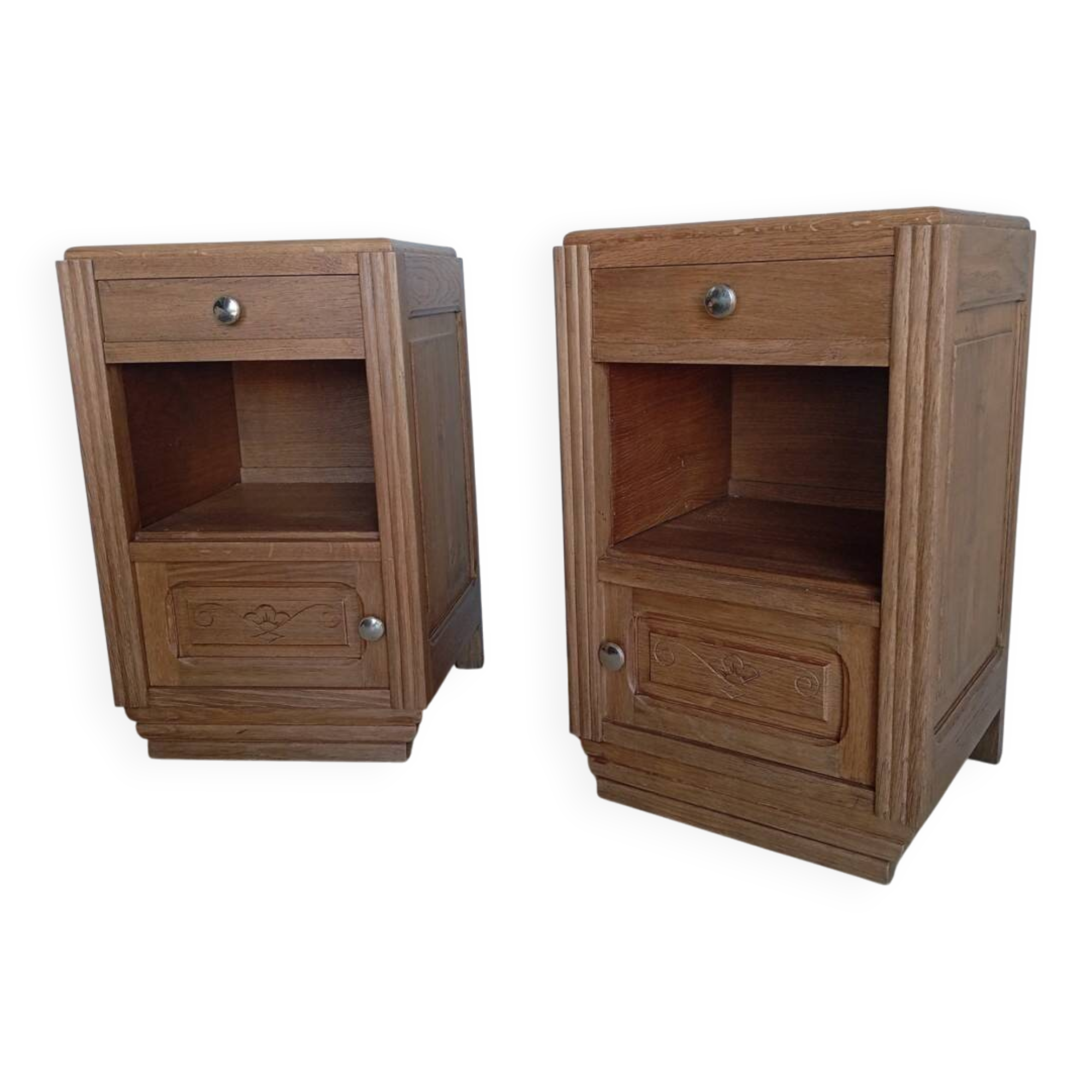 Pair of Art Deco bedside tables in solid oak