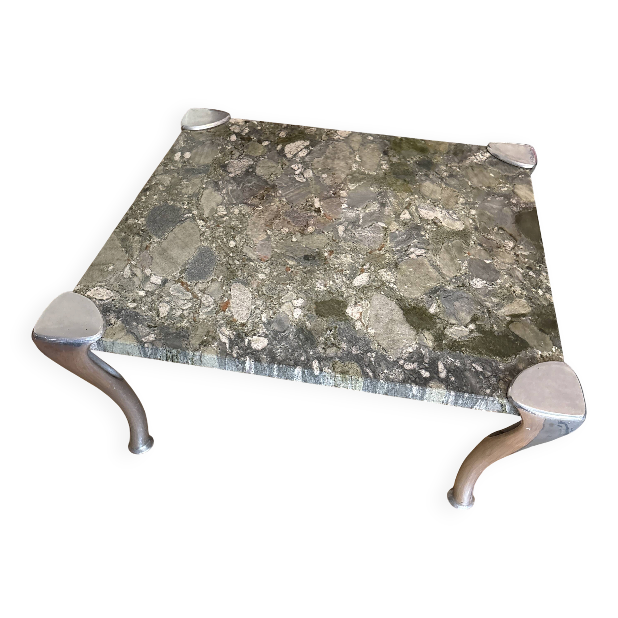 Contemporary coffee table with a marble top and steel base.