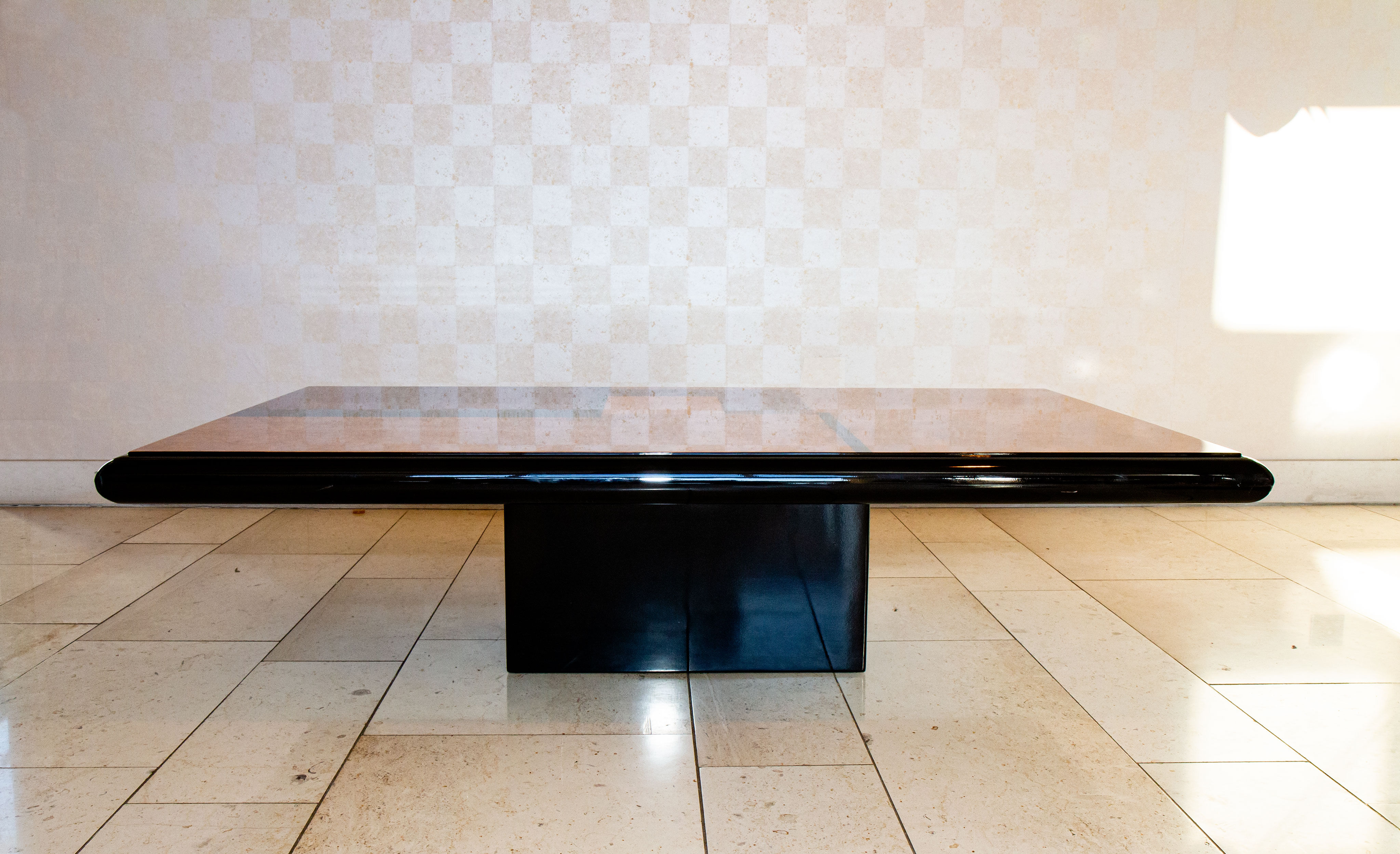 Coffee table, elm magnifying glass marquetry, bramble and black lacquer, 1980