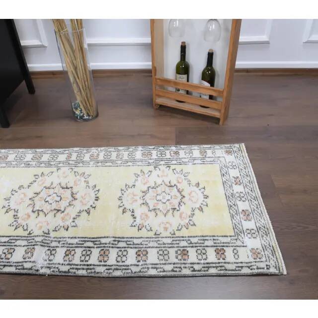 Vintage Turkish Oushak handmade wool cotton yellow runner rug 78x328