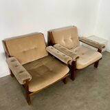 Pair of lounge chairs in wood and designer fabric from the 60s vintage Scandinavian look